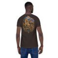 Brown Ilam unisex t-shirt, back view with Zagros mountains and ancient Elamite rock reliefs design