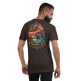 Brown Hormozgan unisex t-shirt, back view with Laft windcatchers, colorful Hormuz soil and the Persian Gulf design