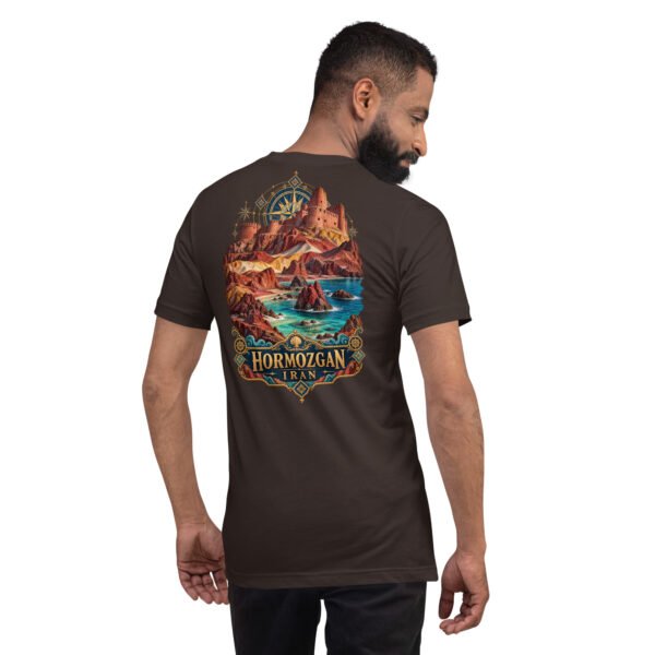 Brown Hormozgan unisex t-shirt, back view with Laft windcatchers, colorful Hormuz soil and the Persian Gulf design