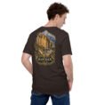 Brown Hamedan unisex t-shirt, back view with Ganjnameh inscriptions and Mount Alvand design