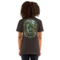 Brown Gilan unisex t-shirt, back view with Rudkhan Castle, misty forest and waterfalls design