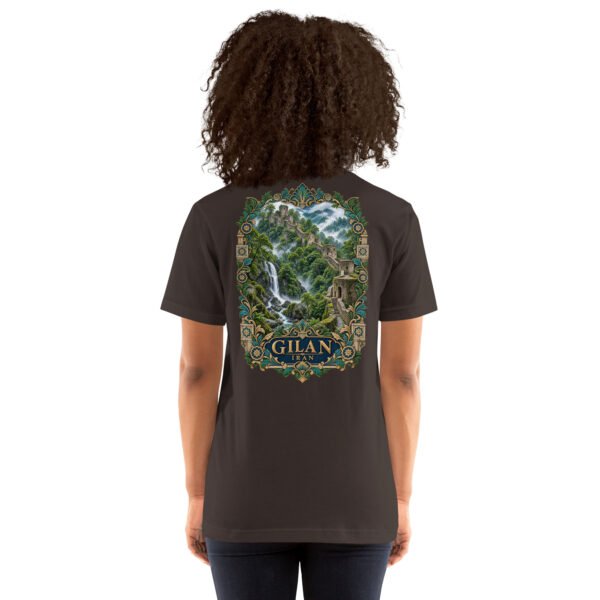 Brown Gilan unisex t-shirt, back view with Rudkhan Castle, misty forest and waterfalls design