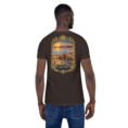Brown Qom unisex t-shirt, back view with Deir-e Gachin caravanserai, desert and salt lake design