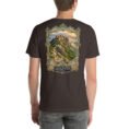 Brown Qazvin unisex t-shirt, back view with Alamut Castle, Alborz cliffs and ancient rock motifs design