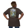 Brown Chaharmahal and Bakhtiari unisex t-shirt, back view with Koohrang waterfall, Zagros cliffs and Bakhtiari kilim patterns design