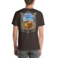 Brown West Azerbaijan unisex t-shirt, back view with Hasanlu, Lake Urmia and Iron Age motifs design