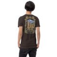 Brown Ardabil unisex t-shirt, back view with Shahr-e Yeri stone figure in front of Mount Sabalan design