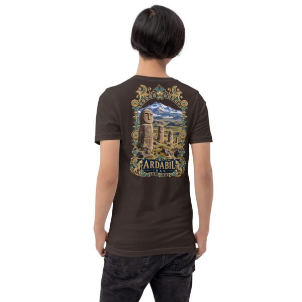 Brown Ardabil unisex t-shirt, back view with Shahr-e Yeri stone figure in front of Mount Sabalan design