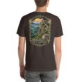 Brown East Azerbaijan unisex t-shirt, back view with Babak Castle on its mountain peak at sunrise design