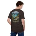 Brown Alborz unisex t-shirt, back view with Alborz Mountains, dam lake and winding road design