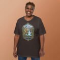Brown Chaharmahal and Bakhtiari unisex t-shirt, front view with Zard-Kuh and the Koohrang waterfall design