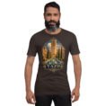 Brown Yazd unisex t-shirt, front view with Narin Castle of Meybod and a traditional dovecote design