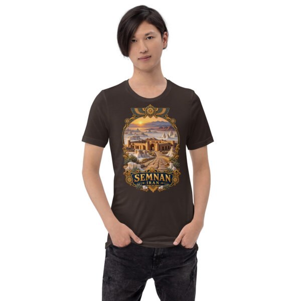Brown Semnan unisex t-shirt, front view with Qasr-e Bahram caravanserai in the Dasht-e Kavir design