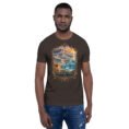 Brown Sistan and Baluchestan unisex t-shirt, front view with Shahr-e Sukhteh, the Burnt City design