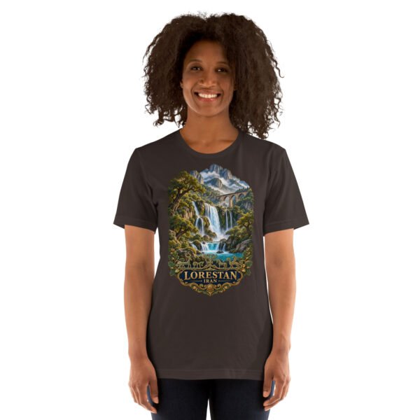 Brown Lorestan unisex t-shirt, front view with Falak-ol-Aflak Castle in Khorramabad design