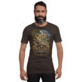 Brown Kurdistan unisex t-shirt, front view with Ziwiye fortress and golden Mannaean motifs design