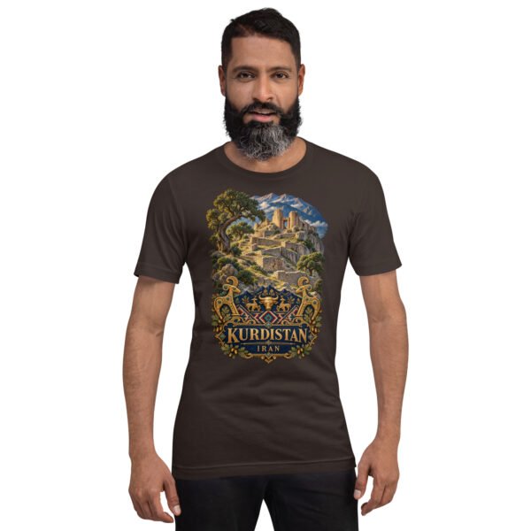 unisex-staple-t-shirt-brown-front-6acbcf7f1d3a1.jpg Brown Kurdistan unisex t-shirt, front view with Ziwiye fortress and golden Mannaean motifs design