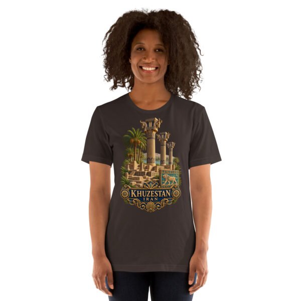 Brown Khuzestan unisex t-shirt, front view with ancient Susa design