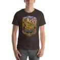Brown North Khorasan unisex t-shirt, front view with historic citadel of Shirvan and vineyards design