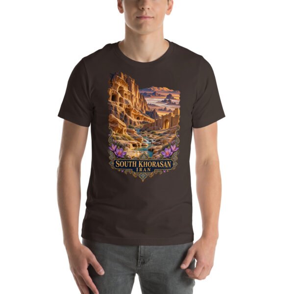 Brown South Khorasan unisex t-shirt, front view with historic citadel of Birjand design