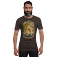 Brown Kermanshah unisex t-shirt, front view with Taq-e Bostan Sasanian rock reliefs design