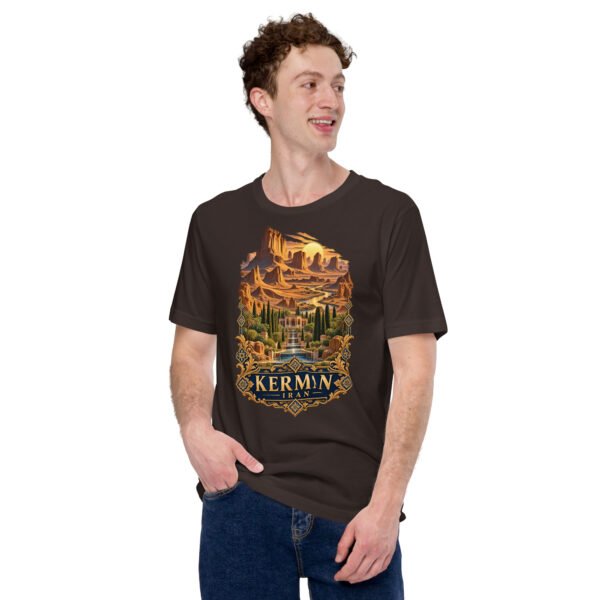 unisex-staple-t-shirt-brown-front-6acbd5352d558.jpg Brown Kerman unisex t-shirt, front view with Arg-e Bam citadel and desert palm groves design