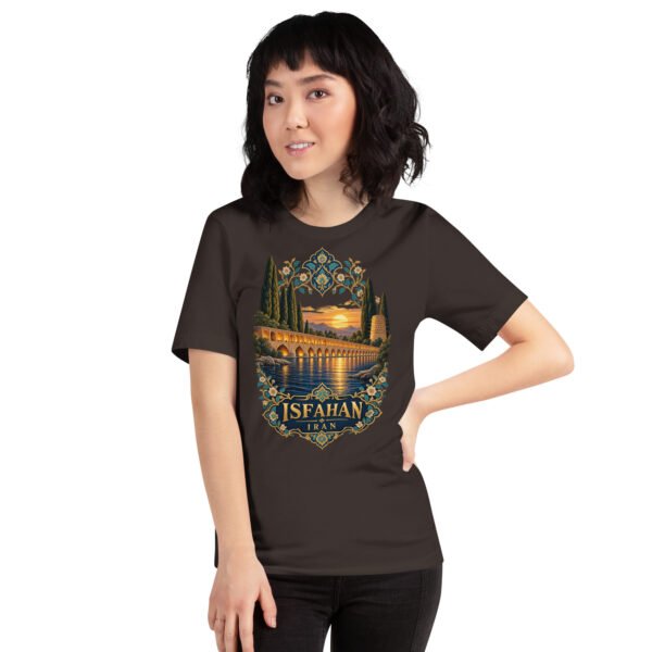 Brown Isfahan unisex t-shirt, front view with Naqsh-e Jahan Square and Ali Qapu Palace design