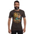 Brown Hormozgan unisex t-shirt, front view with Portuguese Castle of Hormuz and the Persian Gulf design