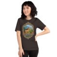 Brown Golestan unisex t-shirt, front view with Sasanian Great Wall of Gorgan design