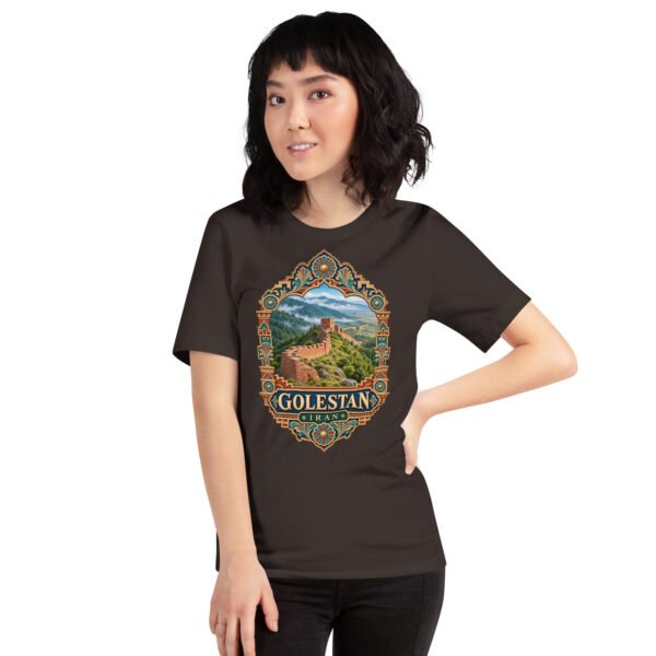 Brown Golestan unisex t-shirt, front view with Sasanian Great Wall of Gorgan design