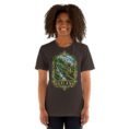 Brown Gilan unisex t-shirt, front view with Rudkhan Castle in the Hyrcanian forest design