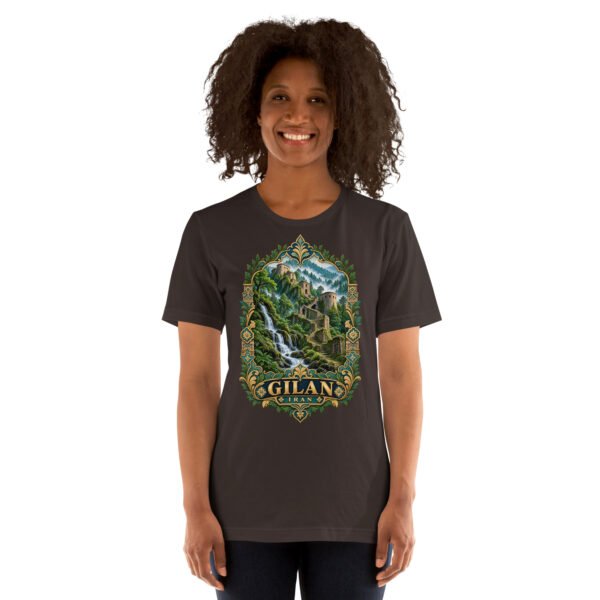 Brown Gilan unisex t-shirt, front view with Rudkhan Castle in the Hyrcanian forest design