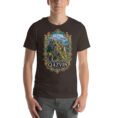 Brown Qazvin unisex t-shirt, front view with Alamut Castle on its rocky Alborz cliff design