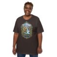 Brown Chaharmahal and Bakhtiari unisex t-shirt, front view with Zard-Kuh and the Koohrang waterfall design