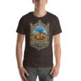 Brown West Azerbaijan unisex t-shirt, front view with Lake Urmia and the ancient Hasanlu mound design