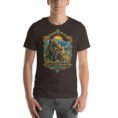 Brown East Azerbaijan unisex t-shirt, front view with Babak Castle and the Arasbaran valleys design