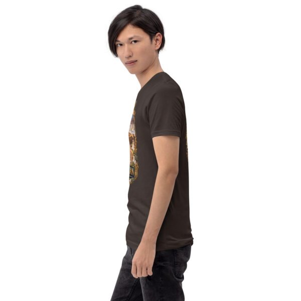 Brown Semnan unisex t-shirt, with Qasr-e Bahram caravanserai in the Dasht-e Kavir design