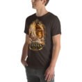 Brown Zanjan unisex t-shirt, front view with Chehrabad salt mine and salt crystals design