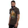 Brown Yazd unisex t-shirt, front view with Narin Castle of Meybod and a traditional dovecote design