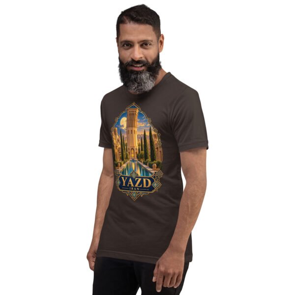 Brown Yazd unisex t-shirt, front view with Narin Castle of Meybod and a traditional dovecote design