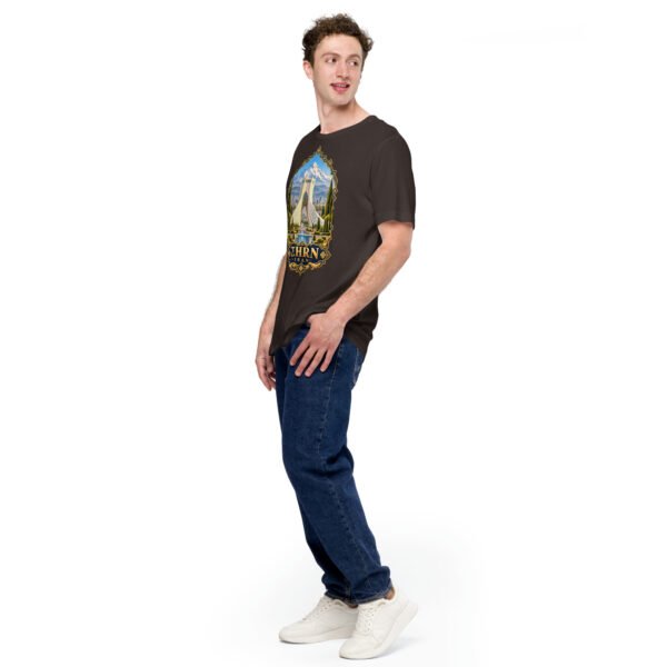 Brown Tehran unisex t-shirt, front view with Azadi Tower and Mount Damavand design