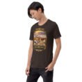 Brown Semnan unisex t-shirt, front view with Qasr-e Bahram caravanserai in the Dasht-e Kavir design