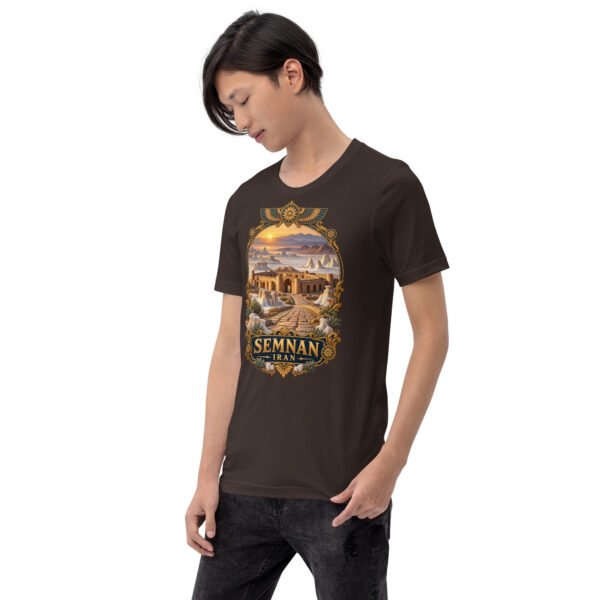Brown Semnan unisex t-shirt, front view with Qasr-e Bahram caravanserai in the Dasht-e Kavir design