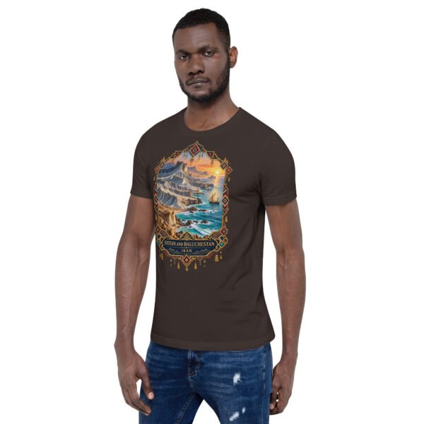 Brown Sistan and Baluchestan unisex t-shirt, front view with Shahr-e Sukhteh, the Burnt City design