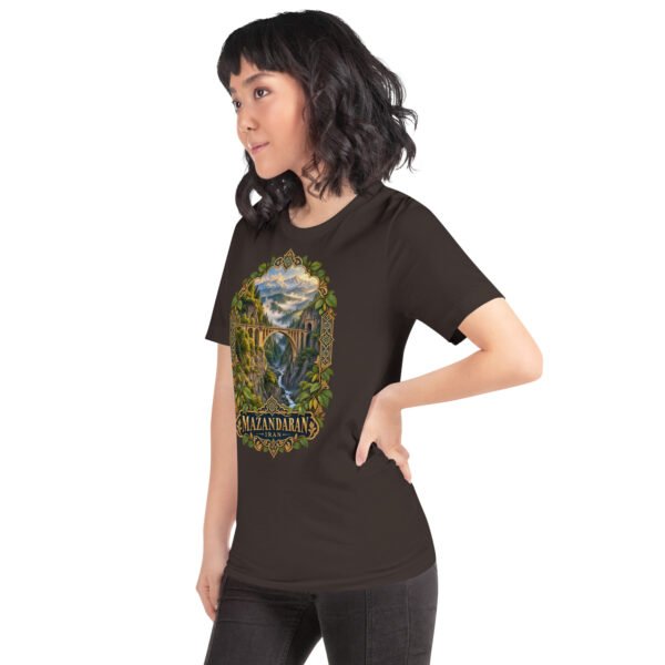 Brown Mazandaran unisex t-shirt, front view with terraced springs of Badab-e Surt in the Hyrcanian forest design