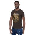 Brown Markazi unisex t-shirt, front view with ancient columns of Khorheh design