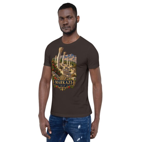 Brown Markazi unisex t-shirt, front view with ancient columns of Khorheh design