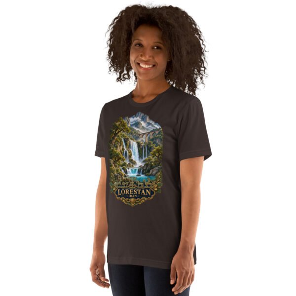 Brown Lorestan unisex t-shirt, front view with Falak-ol-Aflak Castle in Khorramabad design