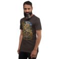Brown Kurdistan unisex t-shirt, front view with Ziwiye fortress and golden Mannaean motifs design