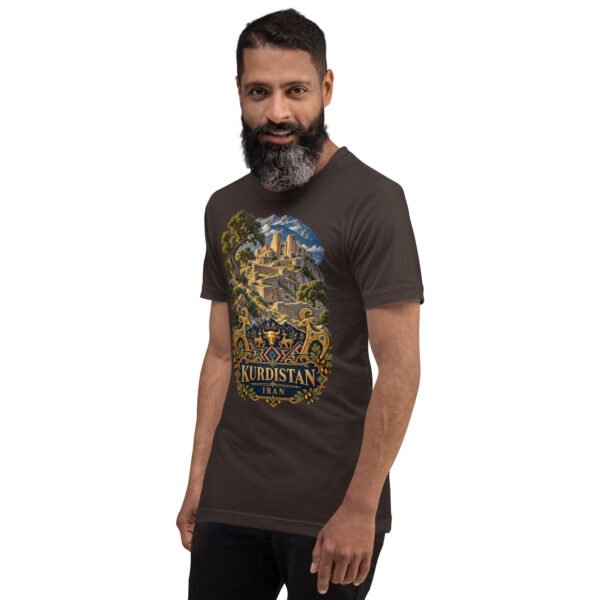 unisex-staple-t-shirt-brown-left-front-6acbcf7f1eda0.jpg Brown Kurdistan unisex t-shirt, front view with Ziwiye fortress and golden Mannaean motifs design